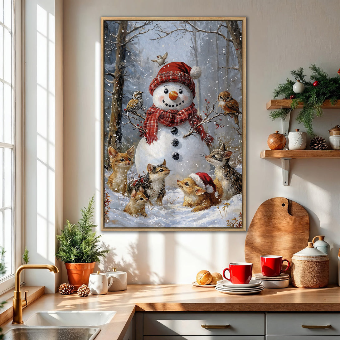 Framed Wall Art featuring a charming snowman with woodland animals in a snowy forest scene. Warm red and neutral tones create a cozy, wintery feel.