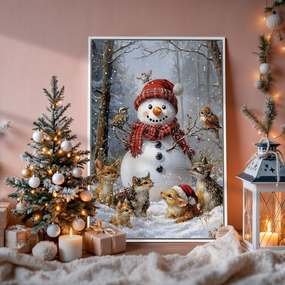 Framed Wall Art: Charming winter scene with snowman and kittens. Cozy, whimsical art in a soft, muted color palette. Perfect holiday decor for your home!