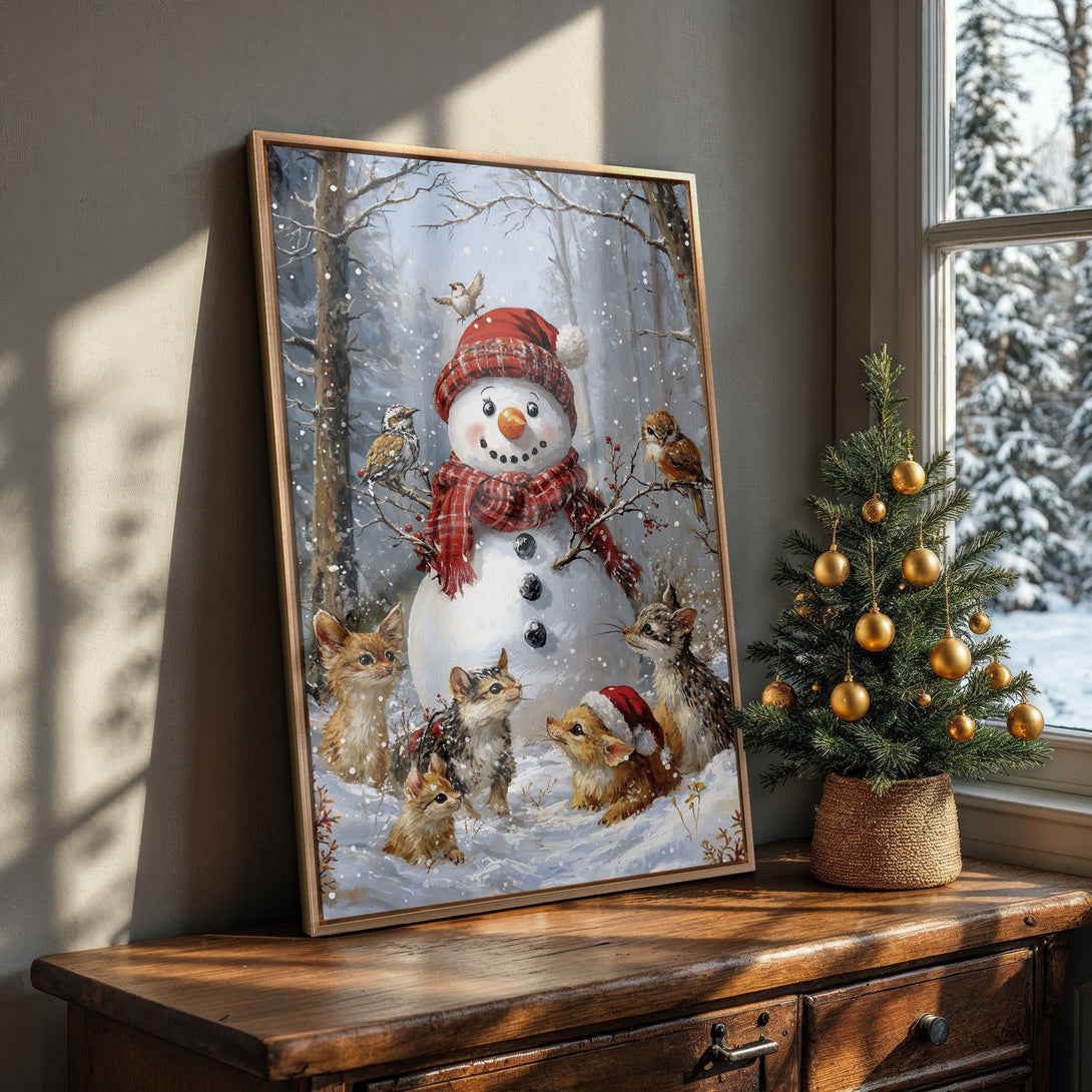 Framed Wall Art: Whimsical winter scene with snowman, cats, and birds. Cozy, charming artwork in blue, white, and warm earth tones. Perfect holiday decor.
