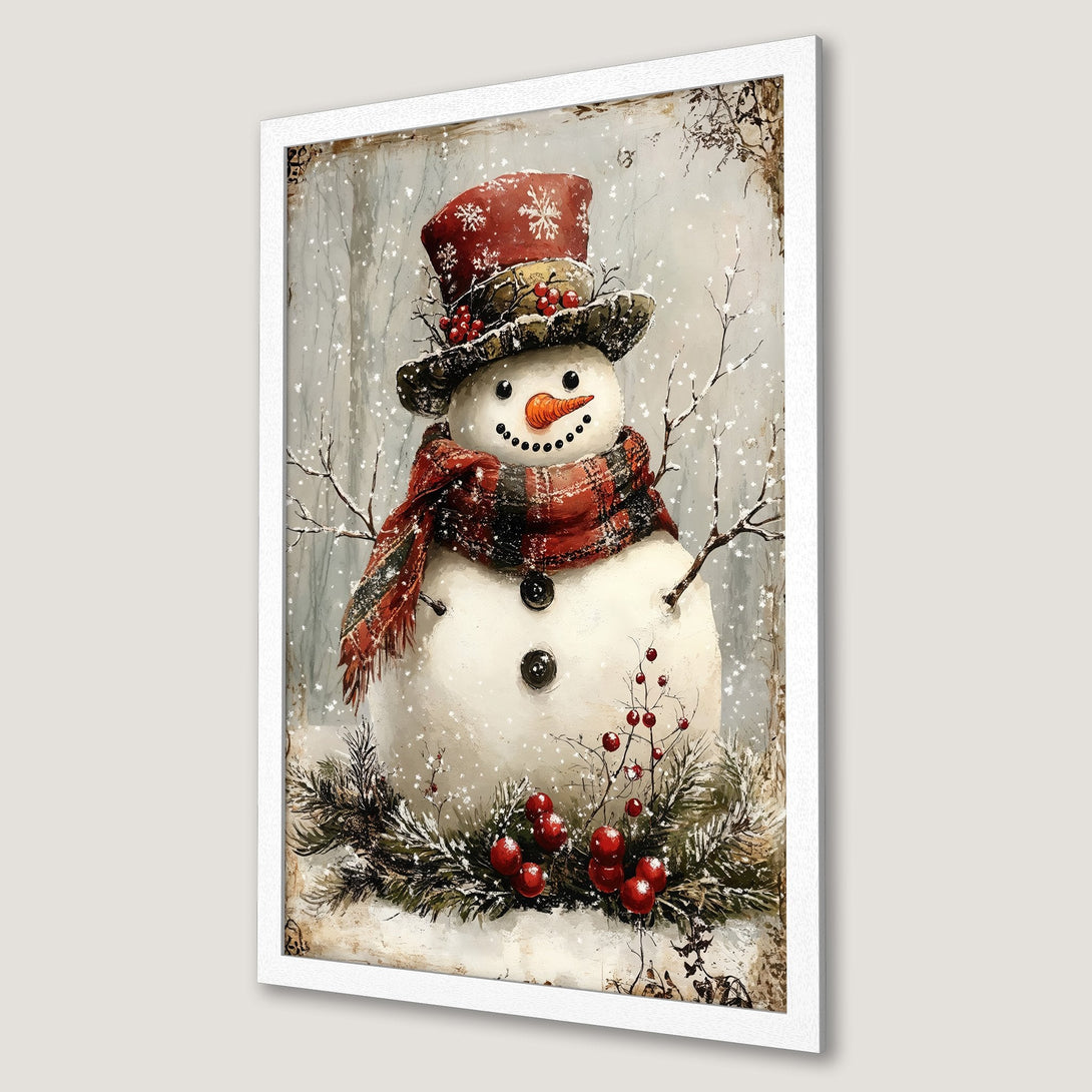 Framed Poster featuring a charming snowman in a winter scene. Rustic style with a warm red, white, and gray color palette. Perfect holiday decor!