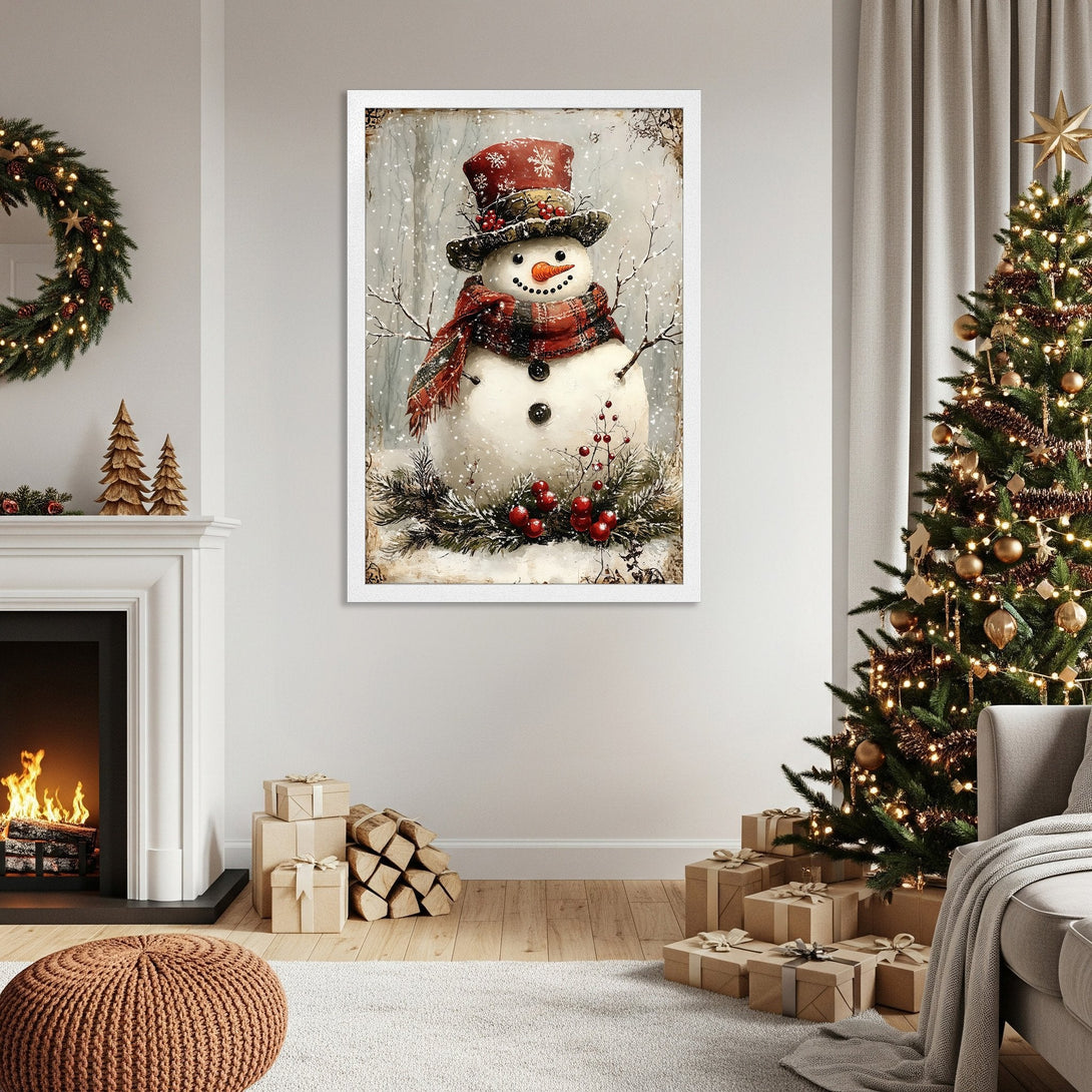 Framed Poster featuring a charming snowman illustration in a vintage style with a red and neutral color palette, perfect holiday decor.