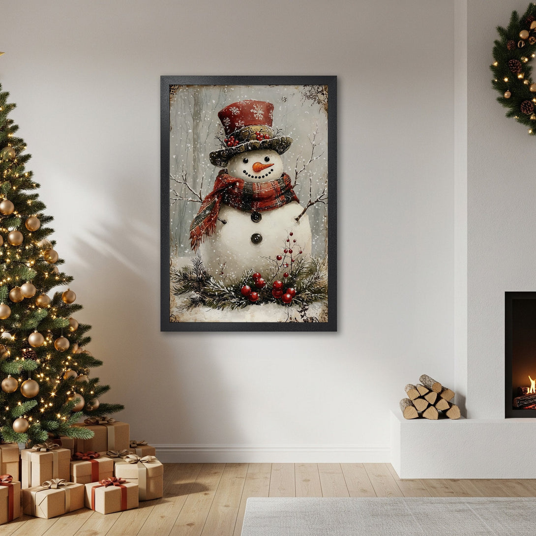 Framed Poster of a whimsical snowman in a red hat and scarf, winter scene. Warm, inviting color palette perfect for holiday decor.