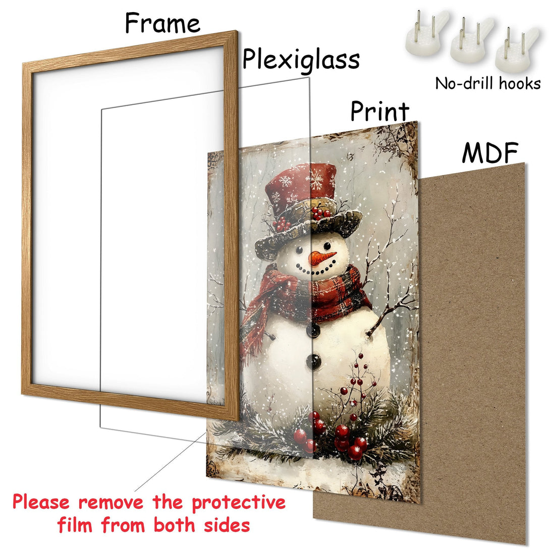 Framed Poster featuring a charming snowman in a winter scene. Rustic style, warm red and neutral color palette. Perfect holiday decor!