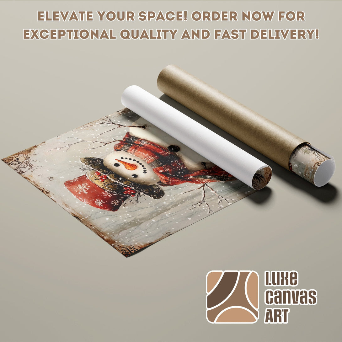 Poster Roll featuring a snowman in a vintage style, with a neutral and red color palette. Order now!