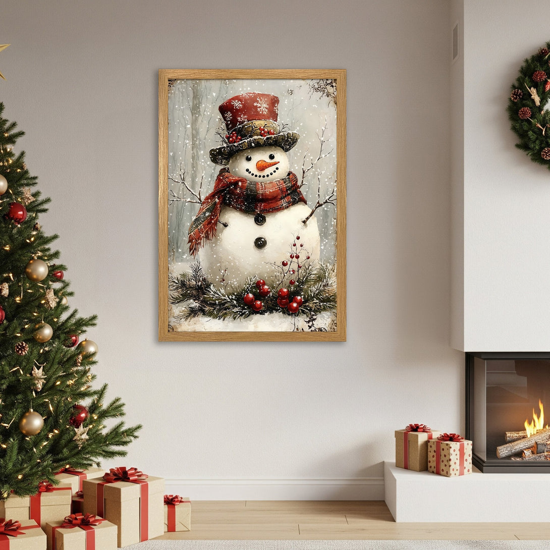 Framed Poster featuring a charming snowman in a winter scene, with a warm red and neutral color palette. Perfect Christmas decor!