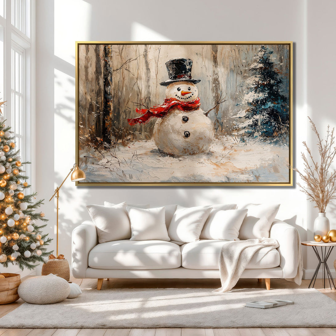 Canvas Print of a snowman in a winter forest scene. Warm, neutral color palette with pops of red. Perfect Christmas wall art!