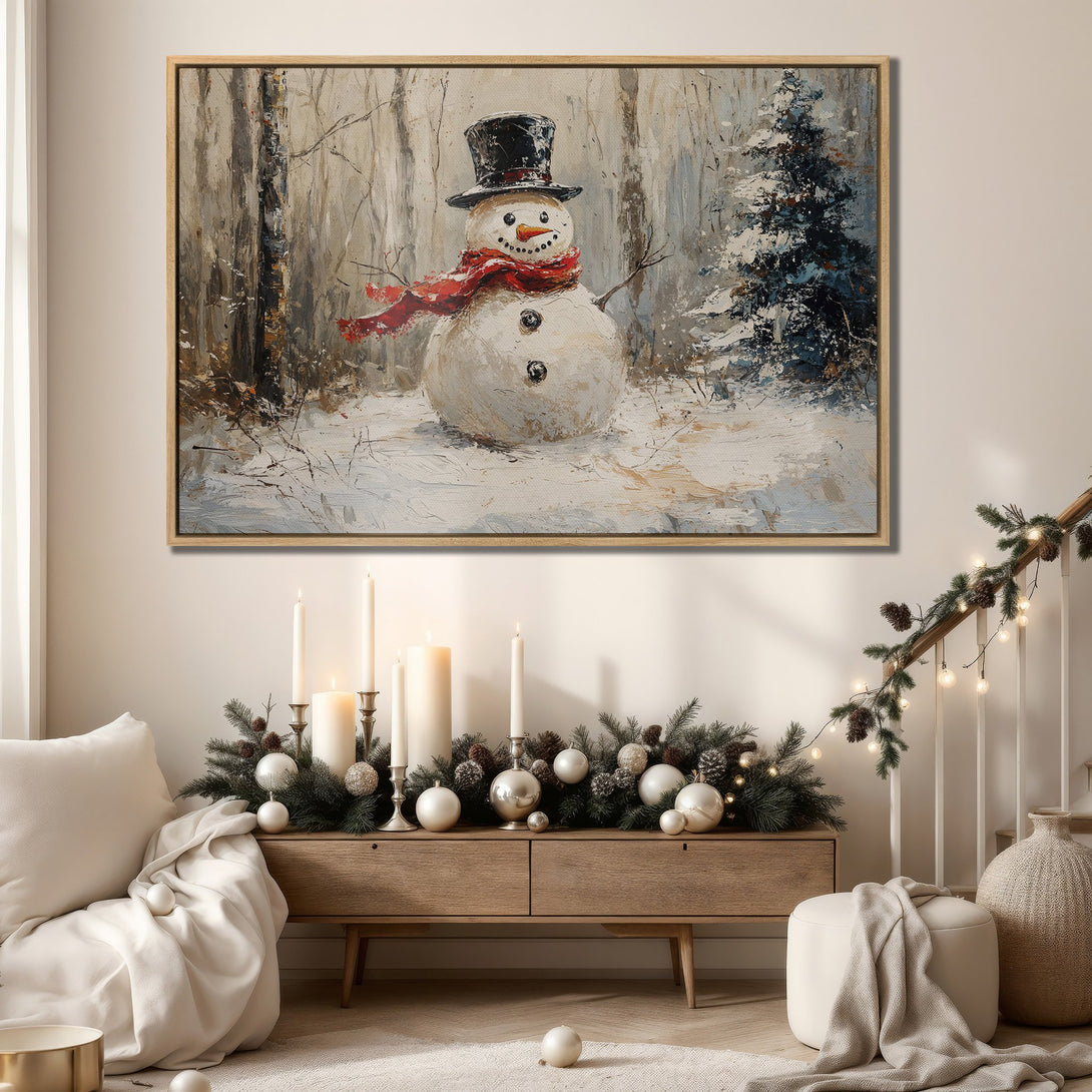 Framed Wall Art: Winter snowman painting with a red scarf. Rustic style in neutral and blue tones. Perfect for cozy winter decor.