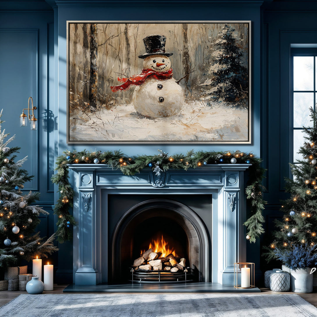 Framed Wall Art: Winter snowman painting in a cozy interior, featuring a warm color palette. Perfect Christmas decor!
