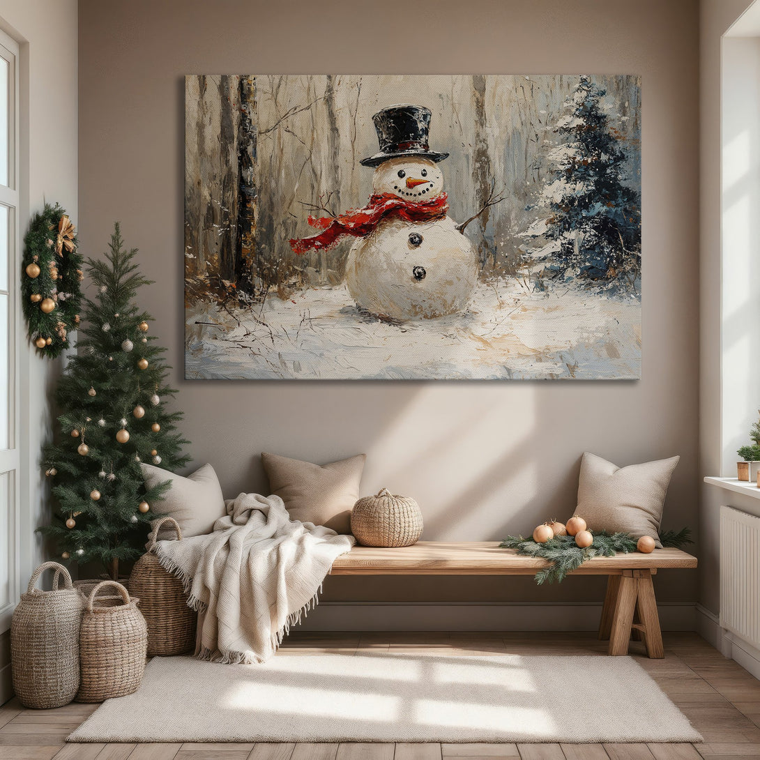 Framed Wall Art: Whimsical snowman painting in a winter forest. Warm color palette with pops of red. Perfect for cozy holiday decor.