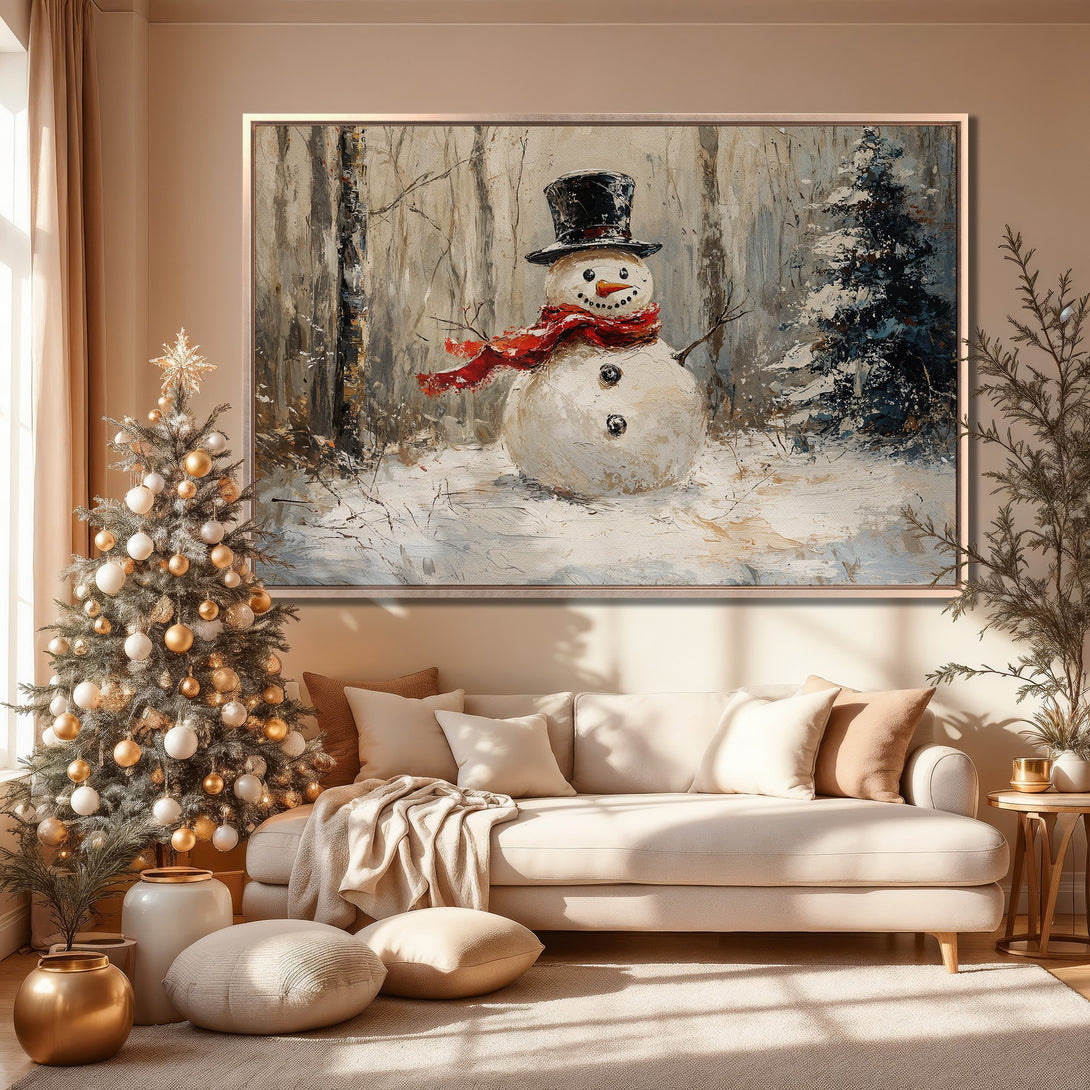 Framed Wall Art: Winter snowman painting in neutral tones with a pop of red. Perfect for holiday decor. Add cozy charm to your home!