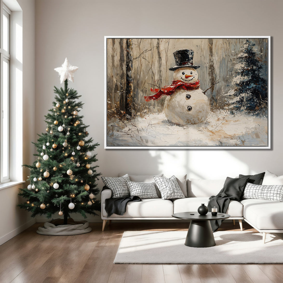 Framed Wall Art: Festive snowman painting in a winter forest, with a red scarf. Warm neutral tones create a cozy holiday vibe for your living room.