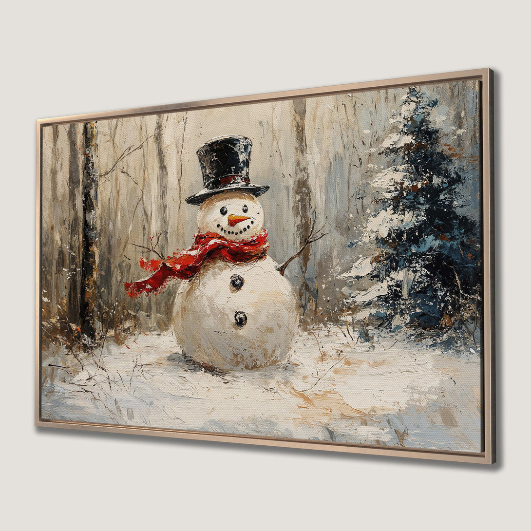 Framed Wall Art: Whimsical snowman in a winter forest, oil painting style. Neutral & blue tones with a pop of red. Perfect for holiday decor!