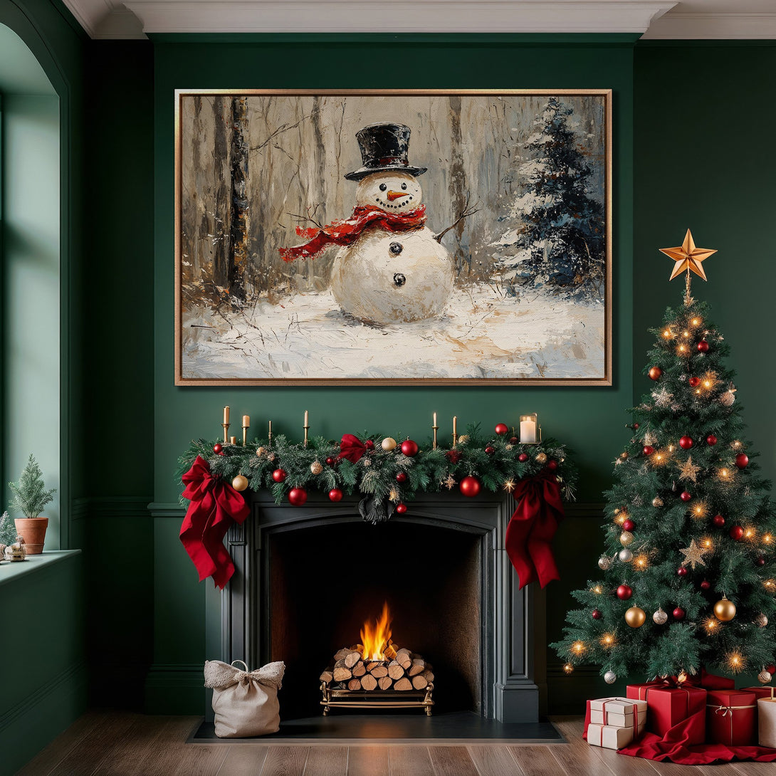 Framed Wall Art: Festive snowman painting with a winter forest scene. Cozy holiday decor in a green and red color palette. Perfect Christmas gift!