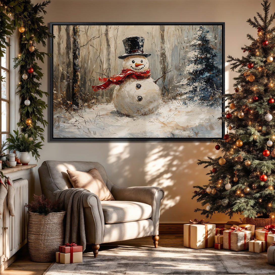 Framed Wall Art: Charming snowman painting in a cozy interior. Rustic style, neutral & red color palette. Perfect for holiday decor!