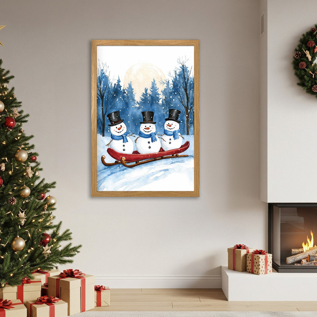 Framed Poster featuring watercolor snowmen on a sled. Winter scene with blue, white, and red color palette. Perfect Christmas decor.
