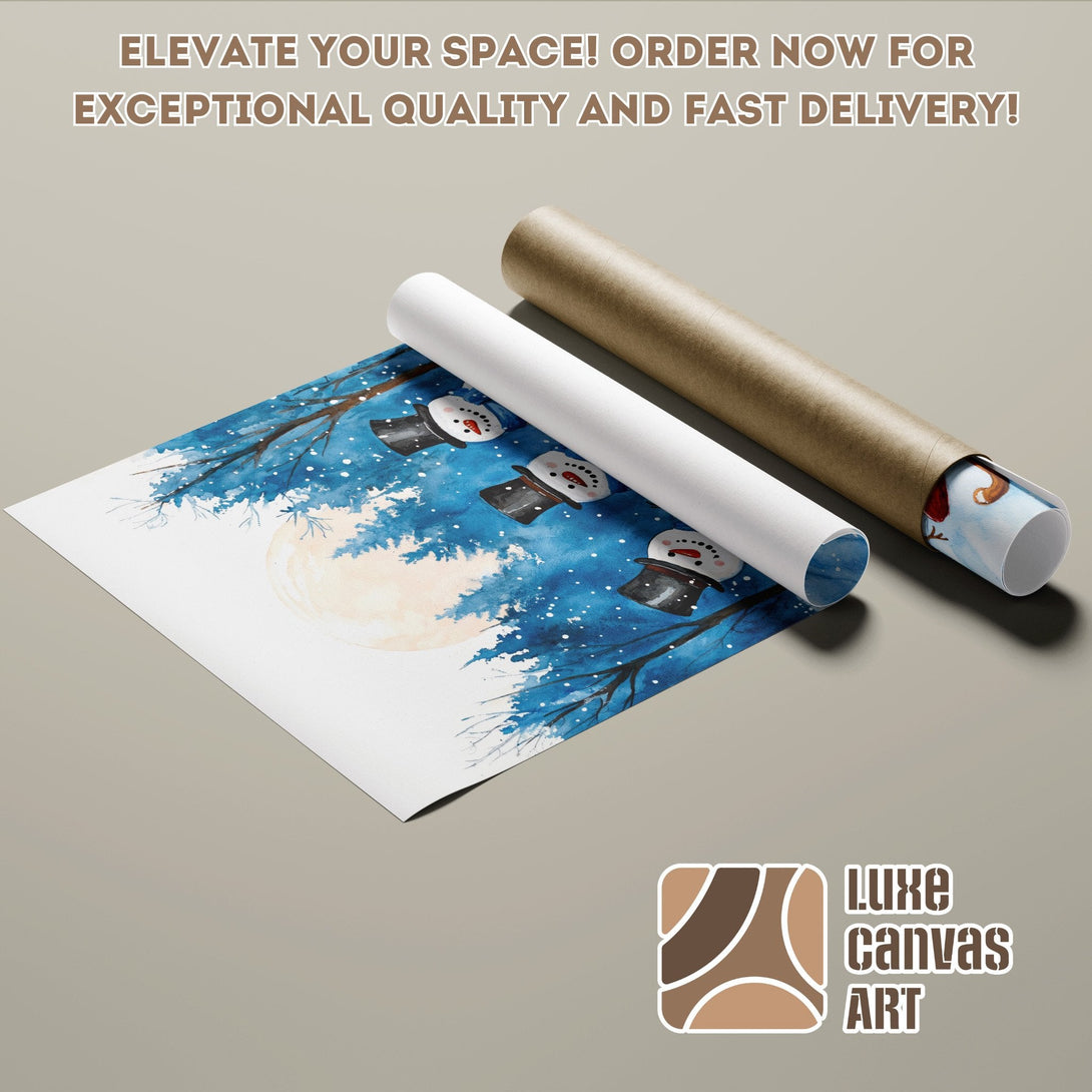 Watercolor snowman poster roll in blue & white, perfect for winter decor.