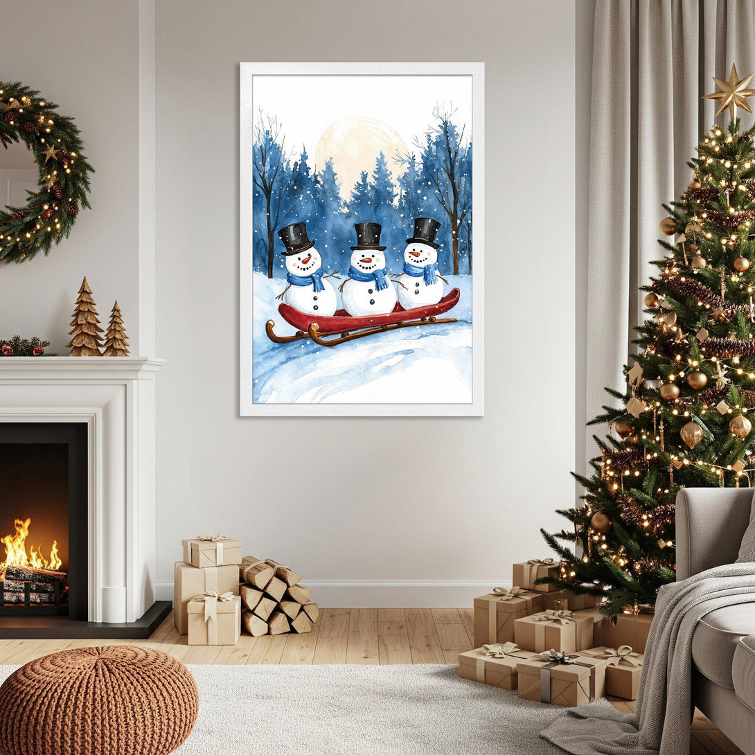 Framed Poster featuring watercolor snowmen on a sled, winter scene. Blue and white color palette, perfect holiday decor.