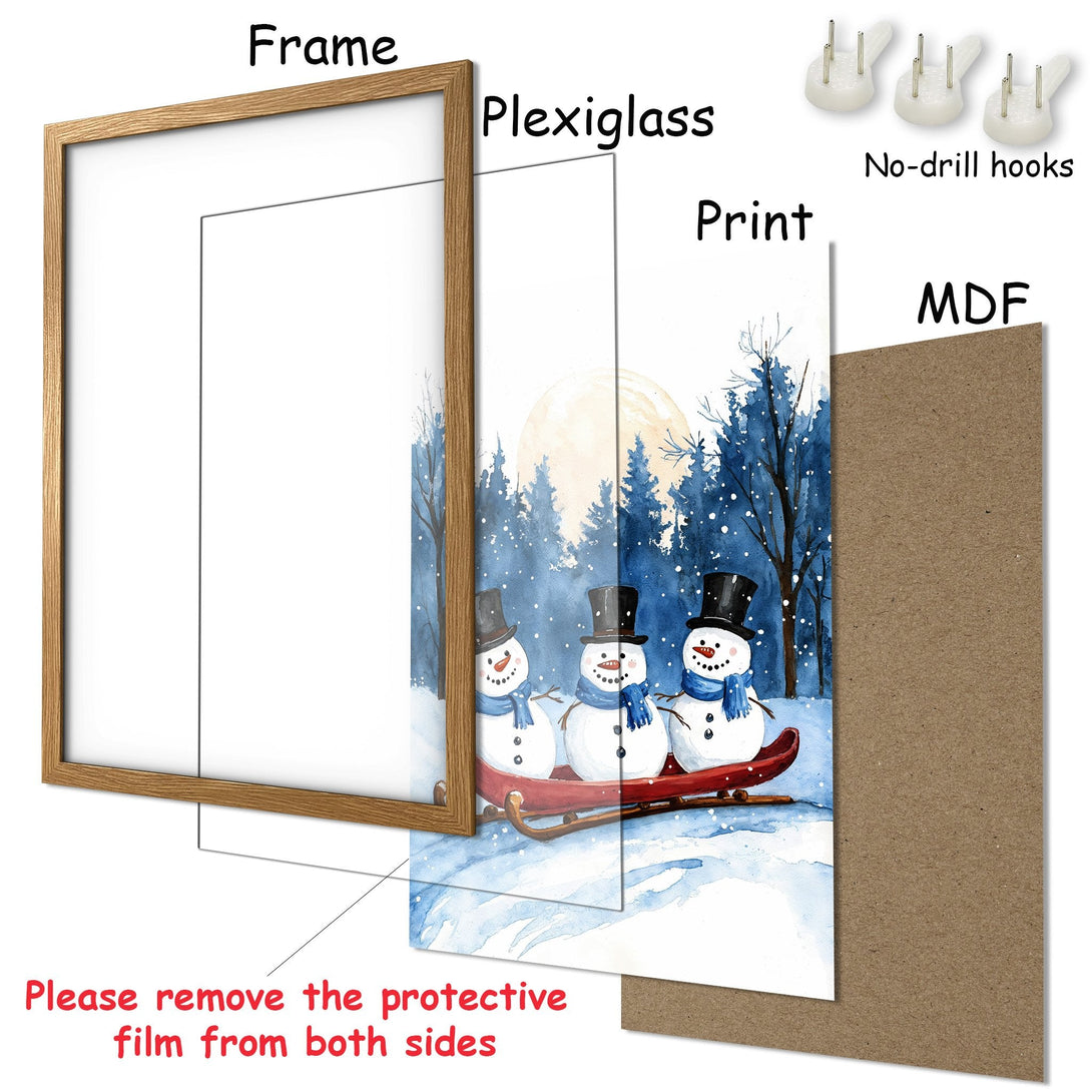 Framed Poster featuring winter snowmen in a watercolor style. Blue and white color palette, perfect for holiday decor!