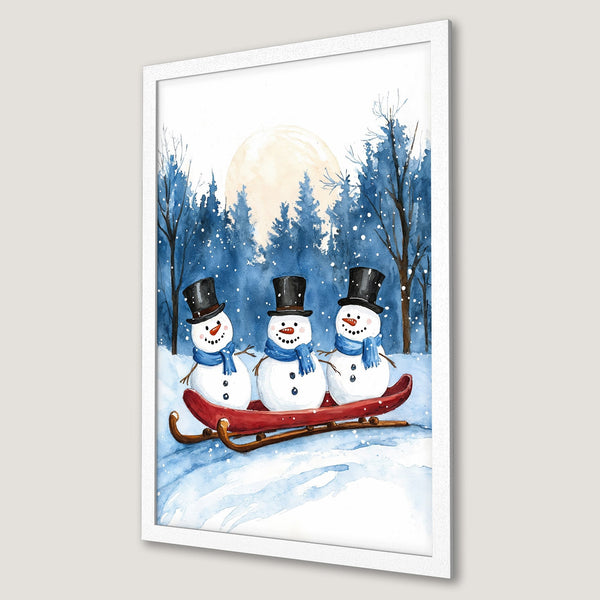Framed Poster featuring watercolor snowmen on a sled, winter scene with blue and white tones. Perfect holiday decor!