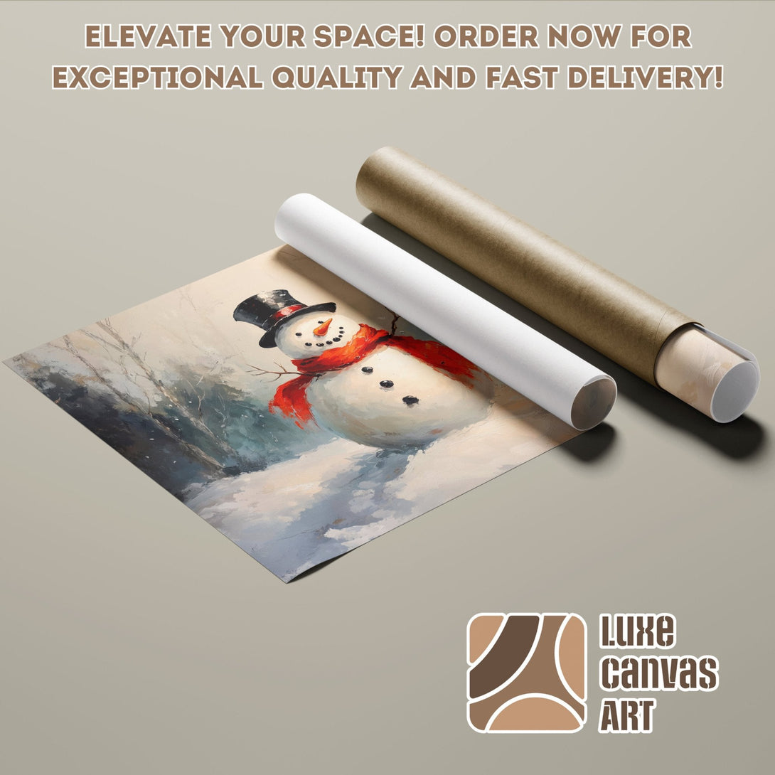 Snowman Poster Roll, winter art print in a painterly style with a blue, white, and red color palette. Order now!