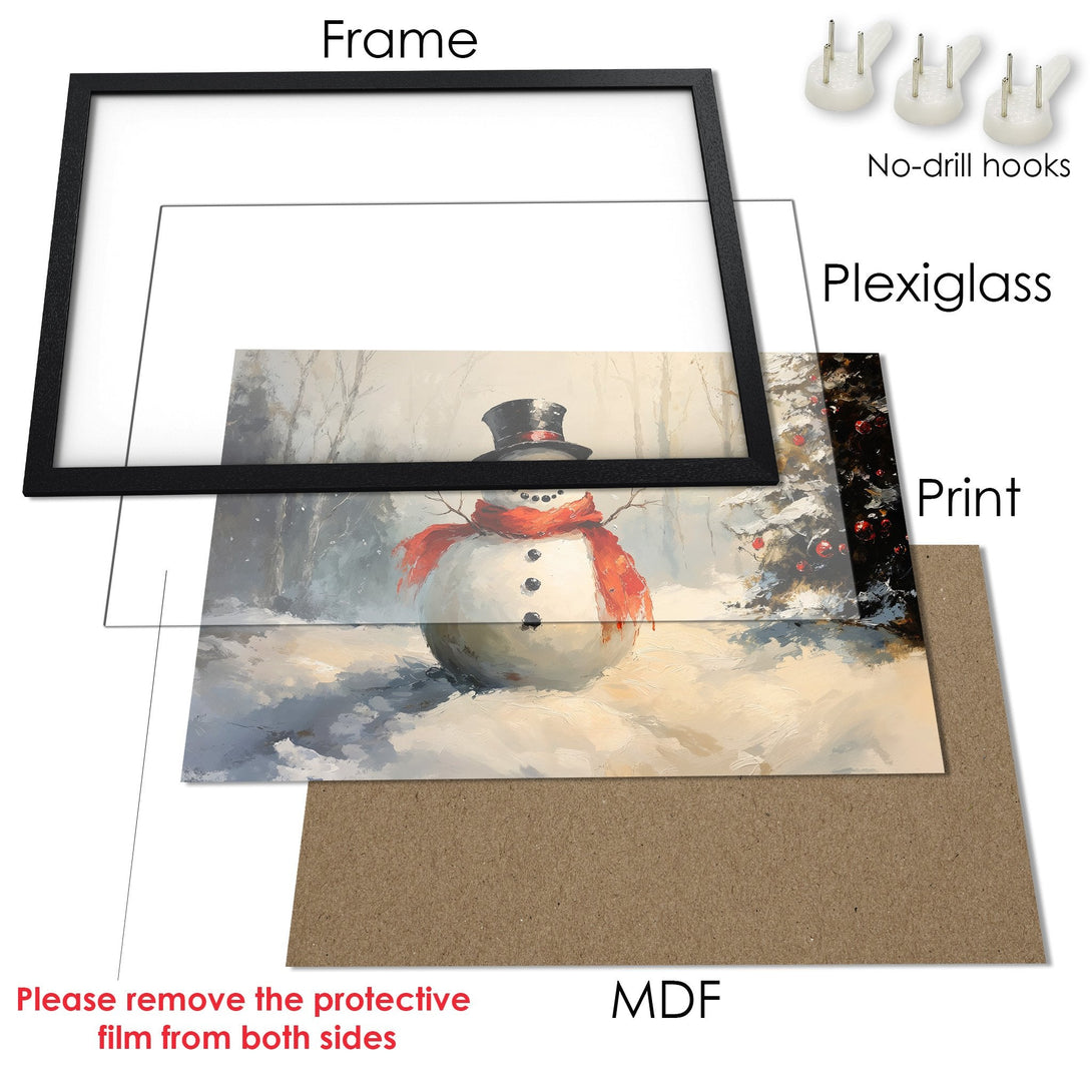 Framed Poster of a snowman in a winter scene, painted in a soft, impressionistic style with a neutral and red color palette.
