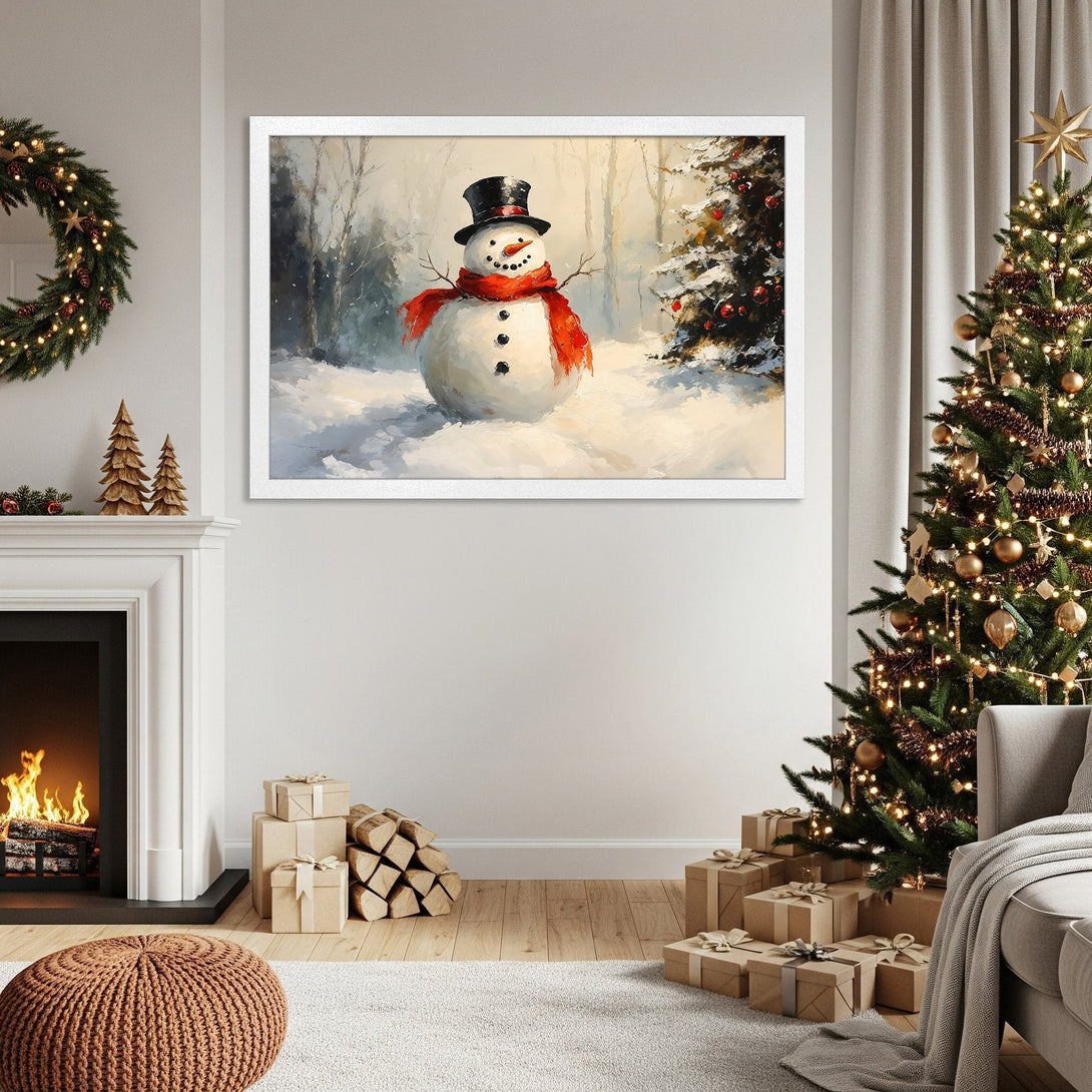 Framed Poster featuring a snowman in a winter scene. Watercolor style, with a cozy, warm color palette perfect for Christmas decor.