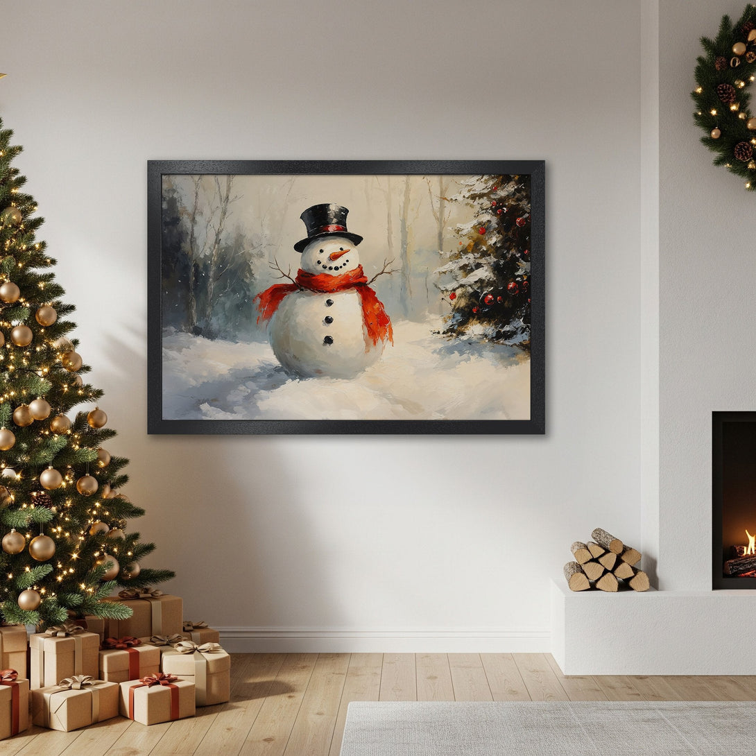 Framed Poster featuring a snowman in a winter scene. Soft, painterly style with a cool, neutral color palette and pops of red.