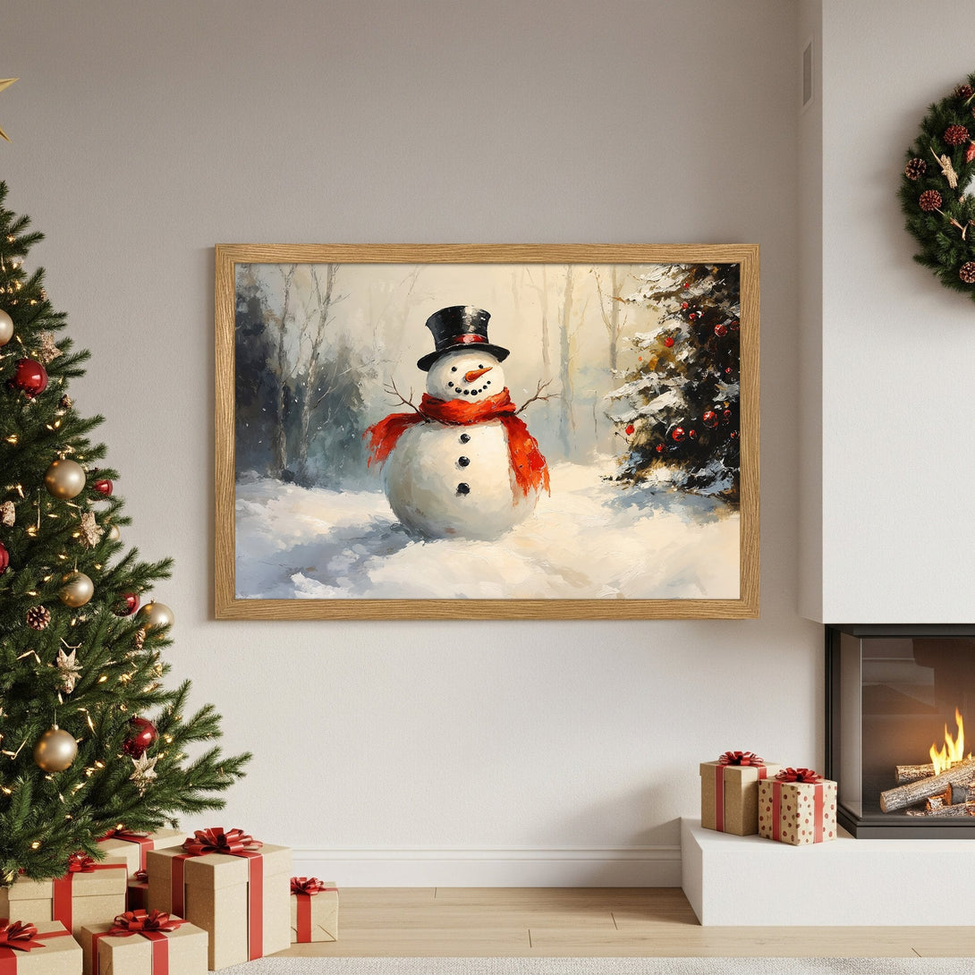 Framed Poster featuring a snowman in a winter scene. Artistic style, with a snowy, red, and neutral color palette. Perfect Christmas decor!