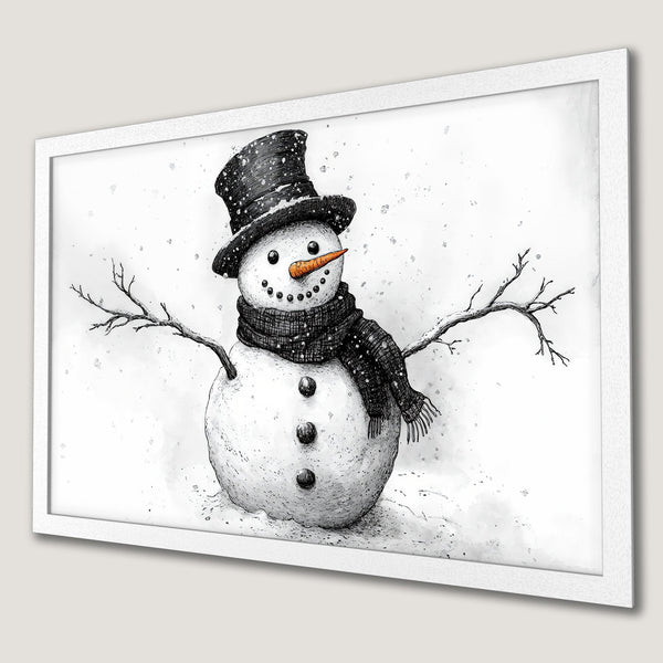 Framed Poster featuring a whimsical snowman illustration in a black, white, and orange color palette. Perfect winter decor!