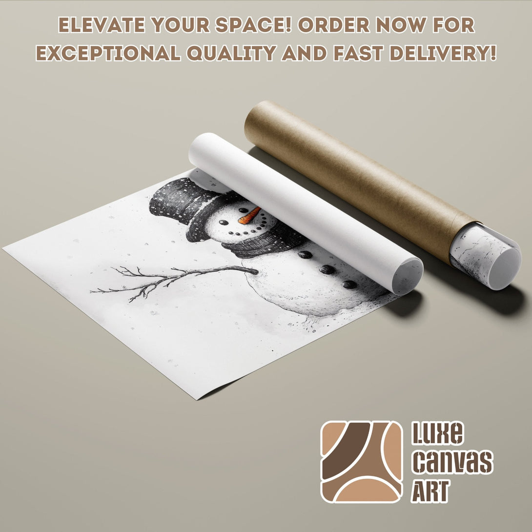 Snowman Poster Roll, watercolor style, black, white, and orange color palette. Elevate your space!