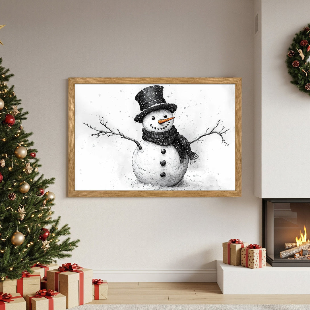 Framed Poster featuring a whimsical snowman illustration in a black and white watercolor style, perfect for Christmas decor.