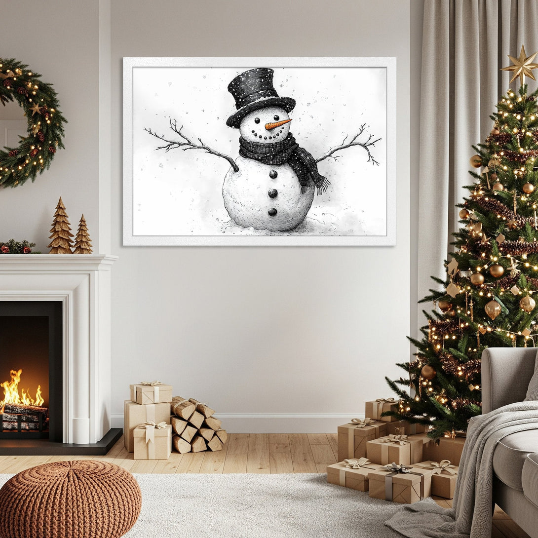 Framed Poster featuring a whimsical snowman illustration in black and white. Perfect holiday decor!