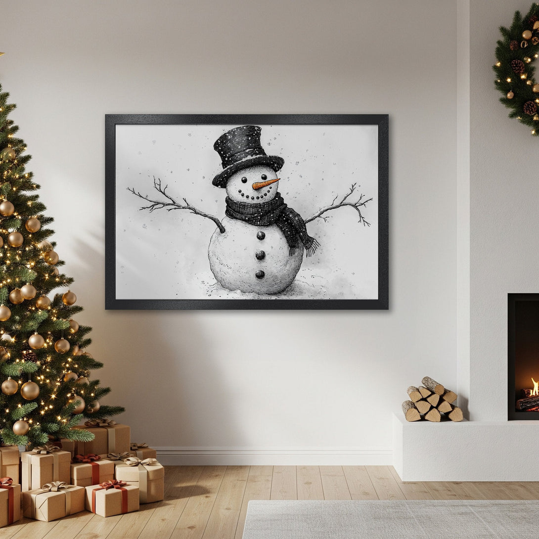 Framed Poster featuring a whimsical snowman illustration. Black and white art with a touch of orange, perfect for holiday decor.