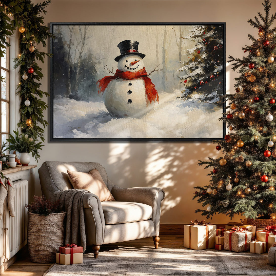 Framed Wall Art: Festive snowman painting in a cozy interior. Warm, neutral color palette with pops of red. Perfect Christmas decor!
