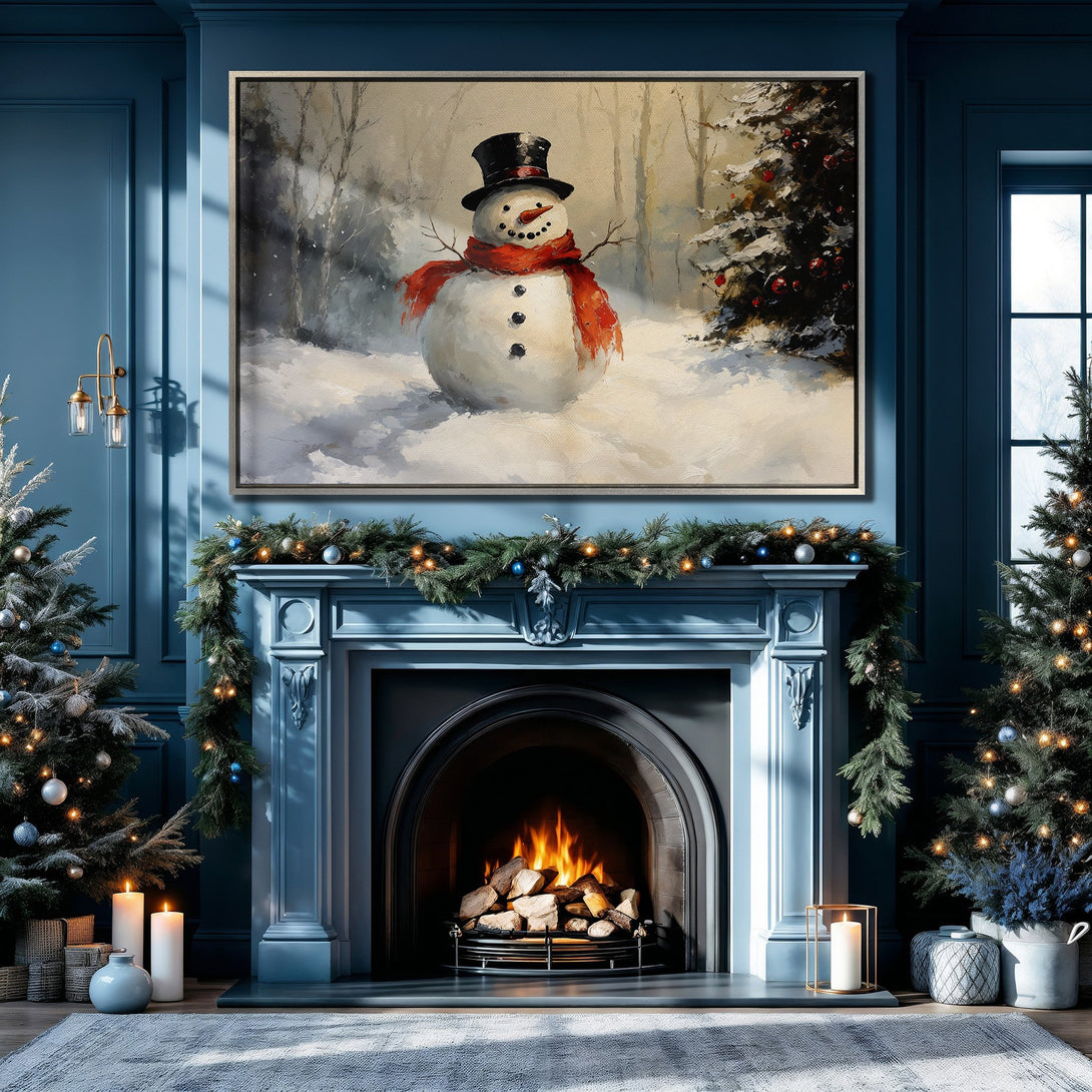 Framed Wall Art: Winter snowman scene in a cozy, blue-toned interior. Perfect holiday decor with a warm, inviting feel. Shop now!