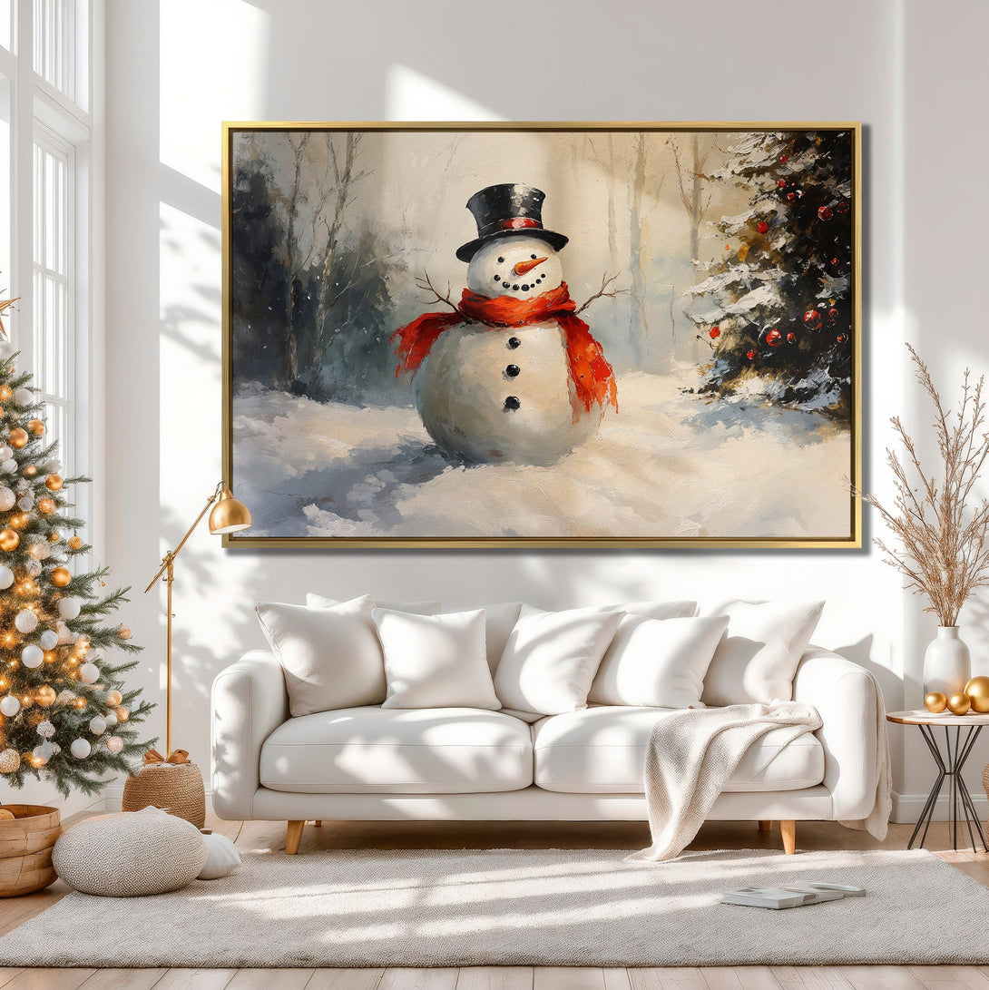 Canvas Print of a snowman in a winter scene, warm neutral tones. Perfect holiday decor!