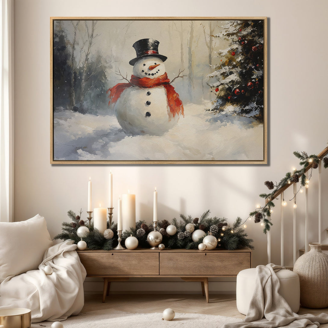 Framed Wall Art: Winter snowman scene in a snowy forest. Warm, neutral color palette. Perfect for holiday decor. Bring the cozy vibes home!