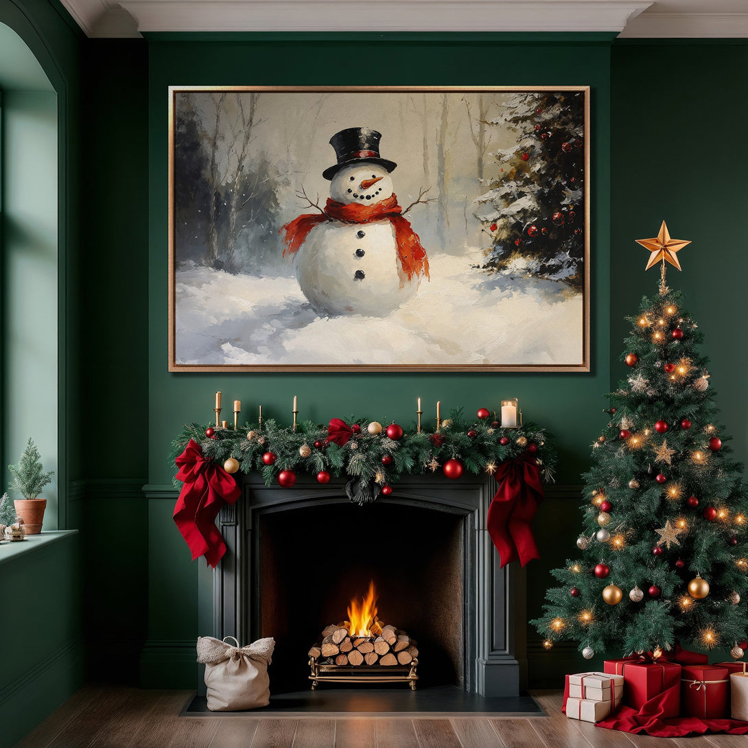 Framed Wall Art: Winter snowman painting in a cozy interior. Classic style with a warm, inviting palette of green, red, and white. Perfect holiday decor.