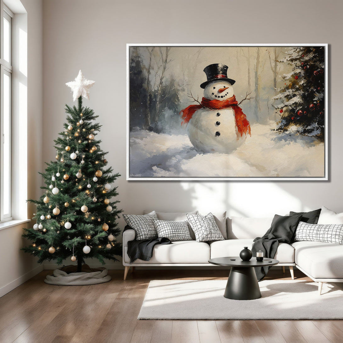 Framed Wall Art: Winter snowman painting in a cozy living room. Rustic style with a red, white, and black color palette. Perfect Christmas decor!