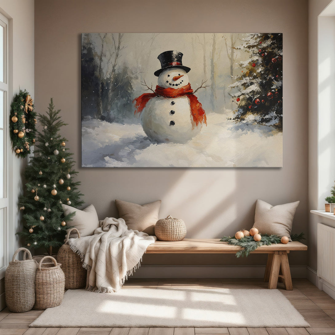 Framed Wall Art: Winter snowman painting with a red scarf, set in a snowy forest. Warm, inviting color palette perfect for holiday decor.