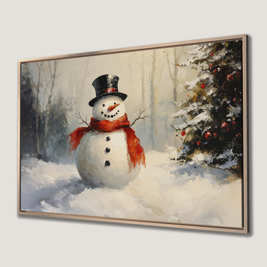 Framed Wall Art: Winter snowman painting in a snowy forest. Warm red scarf pops against cool blues and whites. Cozy holiday decor!