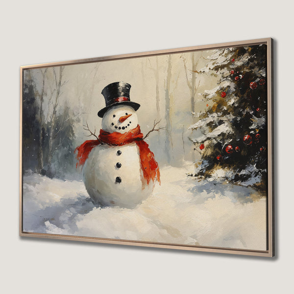 Framed Wall Art: Winter snowman painting in a snowy forest. Warm red scarf pops against cool blues and whites. Cozy holiday decor!