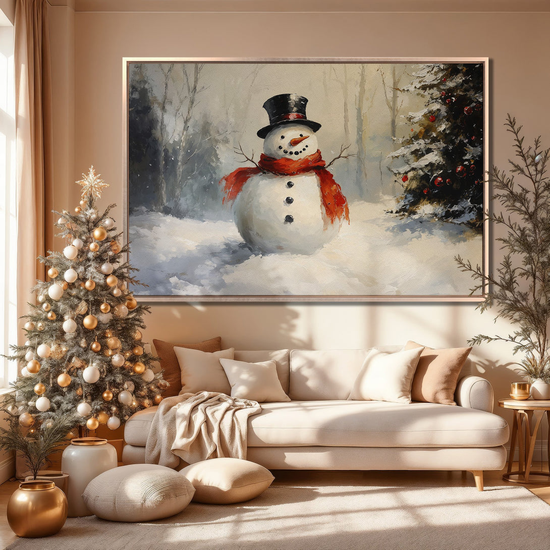 Framed Wall Art: Festive snowman painting in a cozy interior, featuring a winter scene with a red scarf. Neutral color palette, perfect for holiday decor.