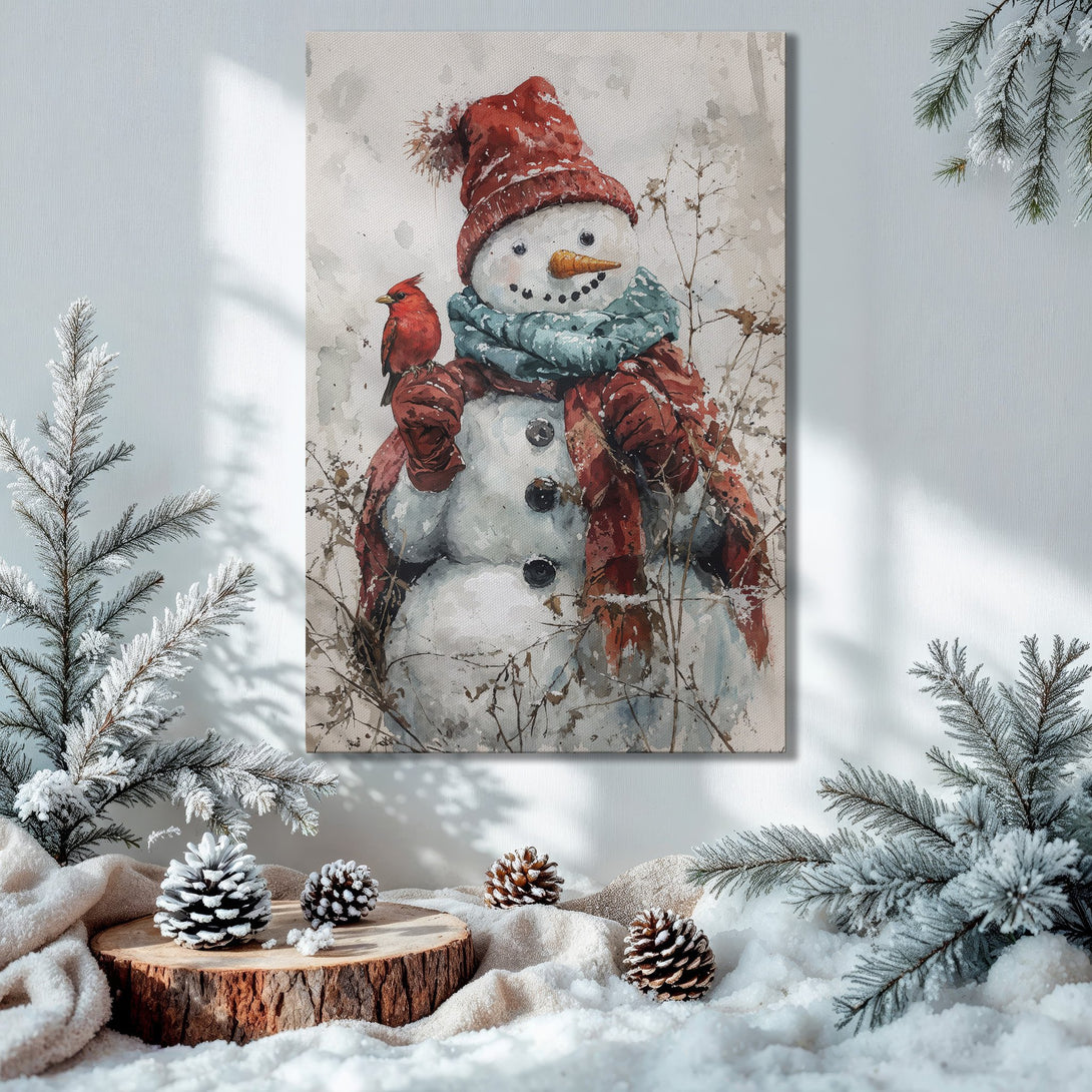 Framed Wall Art: Watercolor snowman print with red and blue accents, displayed in a cozy Christmas interior with a warm color palette.