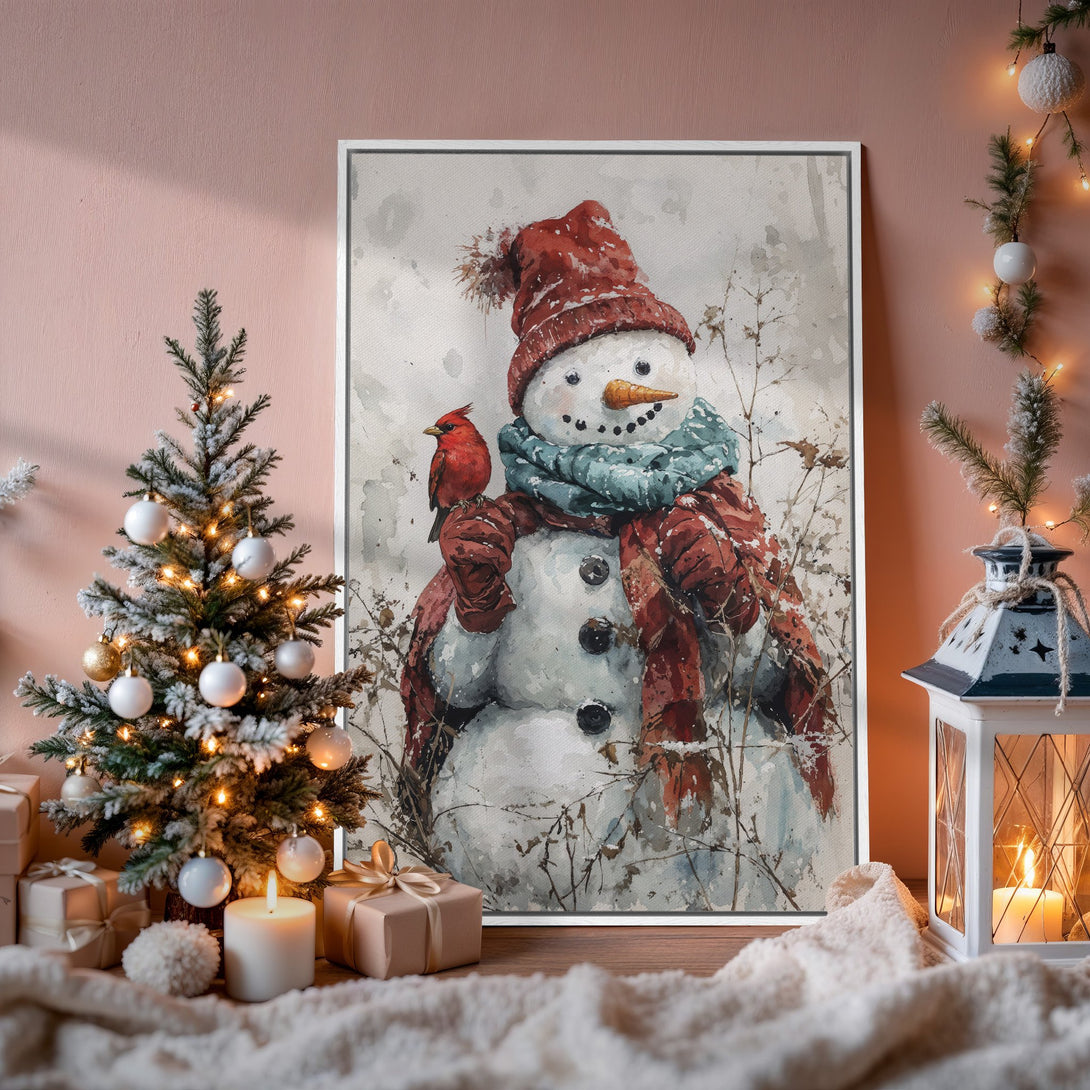 Framed Wall Art: Watercolor snowman print with red and blue accents. Festive winter decor in a cozy, warm color palette. Perfect for holiday gifting!