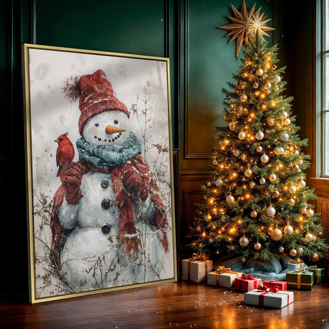 Canvas Print of a watercolor snowman with a cardinal. Festive winter wall art in red, blue, and white. Perfect for holiday decor!