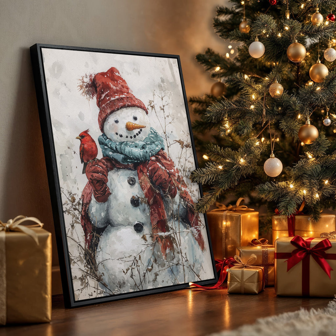 Framed Wall Art: Watercolor snowman with cardinal, winter scene. Red, blue, and white color palette. Perfect holiday decor for your home.