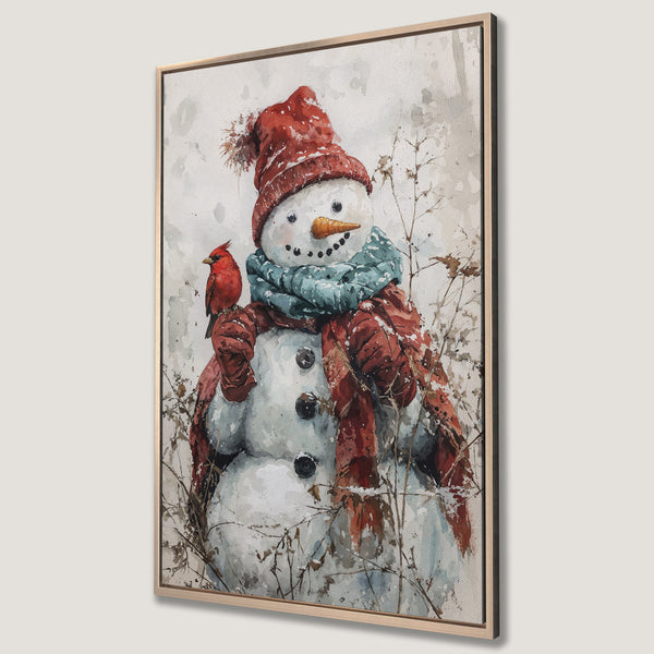 Framed Wall Art featuring a watercolor snowman with a cardinal, in a red, blue, and neutral color palette. Perfect winter decor for your home!