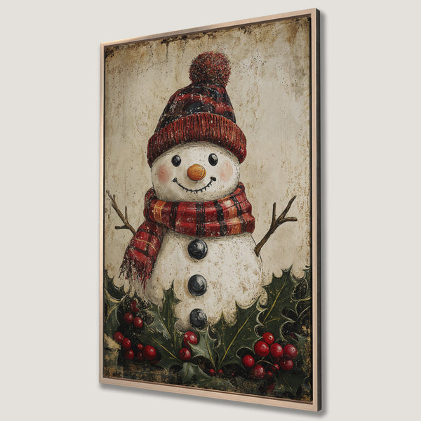 Framed Wall Art: Charming snowman canvas print with a vintage style, featuring a red and green color palette. Perfect Christmas decor!