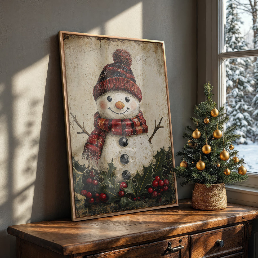 Framed Wall Art: Rustic snowman canvas print with red & green accents. Perfect holiday decor, farmhouse style. Bring the cozy winter vibes home!